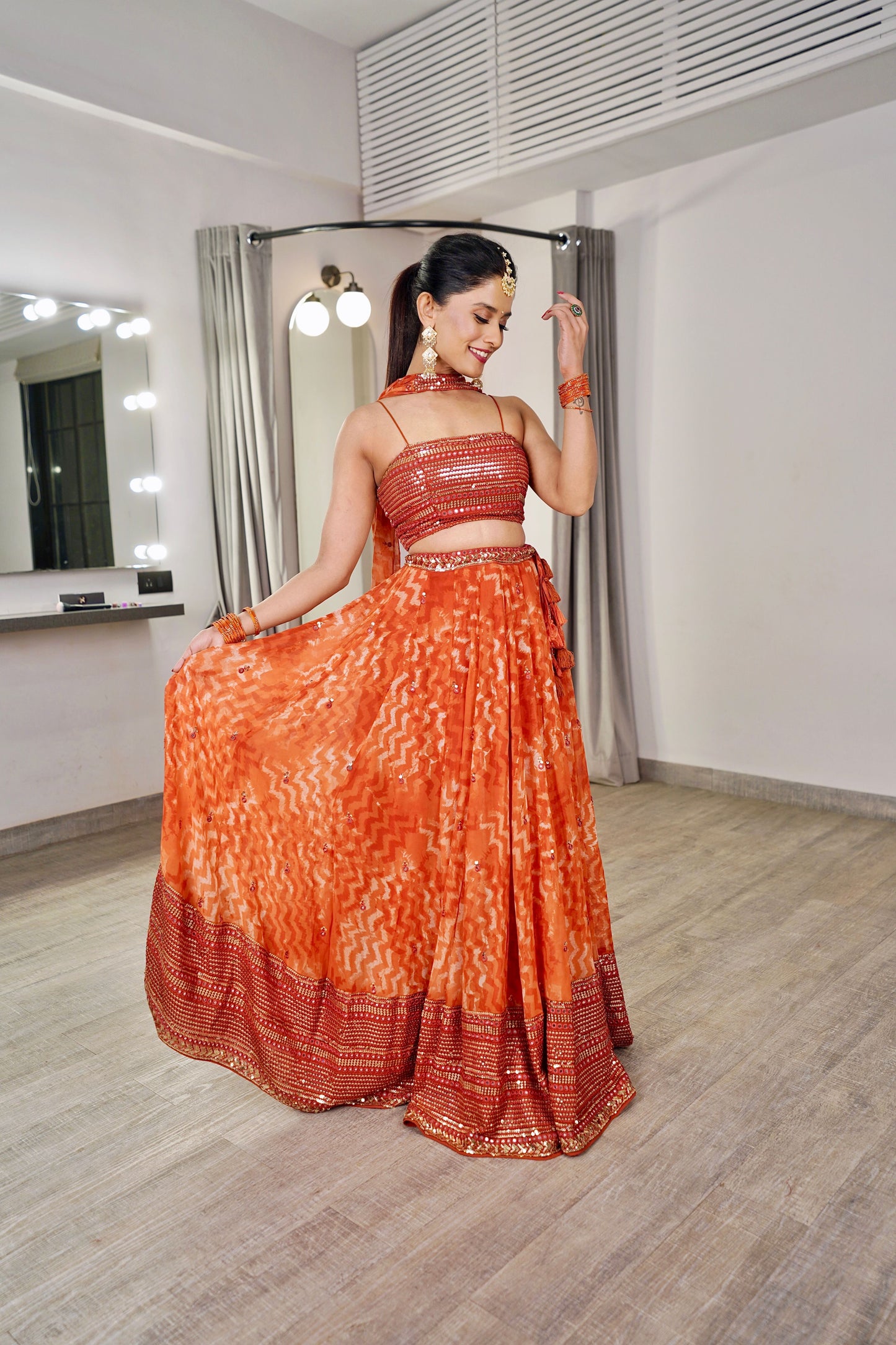 Georgette Orange Lehenga